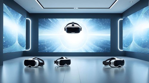 Three dimensional render of virtual reality glasses in a digital room, AI generated