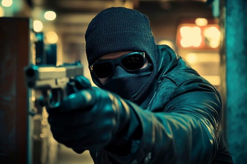 Bank robber with ski mask, sunglasses and gun. Generative Ai, AI generated