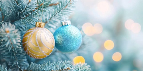 Christmas banner with blue and yellow bauble ornaments on tree. Generative AI, AI generated