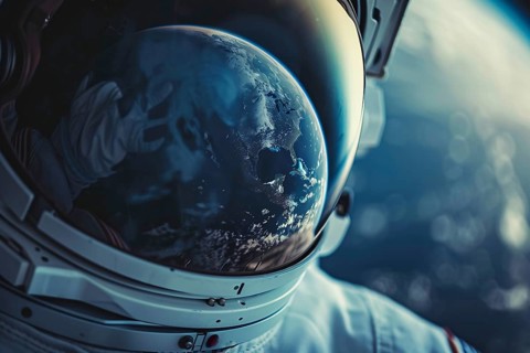 Reflection of planet earth in astronaut's helmet. Generative Ai, AI generated