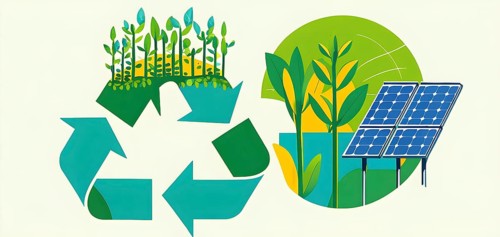 Recycling symbol morphing into growing plants and solar cells to symbolize the transformation of