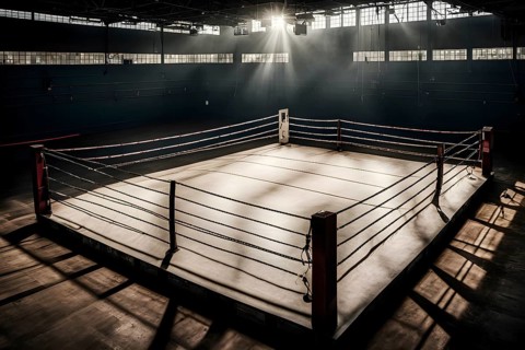 Empty boxing ring with ropes tightly stretched across the square corner, AI generated