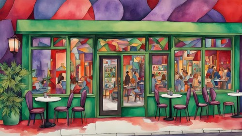 Abstract composition of a cannabis cafe with ambiance bold contrasting colors and playful shapes,