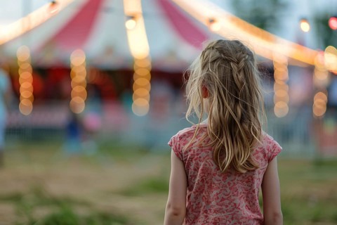 Young girl child looking at red and white striped circus tent. Generative Ai, AI generated