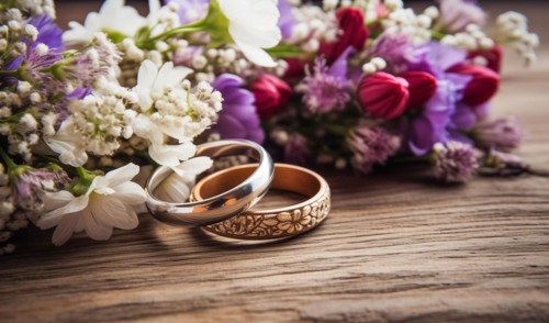 Diamond wedding rings jewelry and flowers bouquet for the wedding engagement and honeymoon, AI