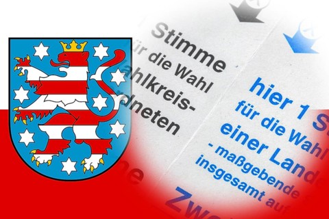 Symbolic image of the state election in Thuringia: Flag of Thuringia and close-up of a ballot paper