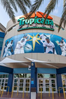 Logo and display above entrance to Tropicana Field Stadium in St. Petersburg, Florida, USA, North