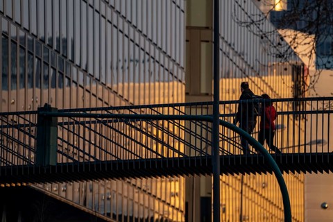 Pedestrians on a bridge over Segerothstraße, in Essen, behind Limbecker Platz shopping centre