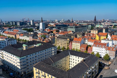 Panoramic view over the city centre of Copenhagen, from Christianshavn to the city centre, Denmark,