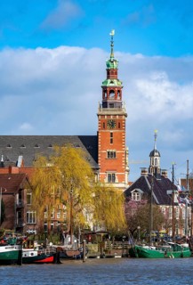 Skyline of the old town, on the Leda, town hall, museum harbour, old town houses, Leer, East