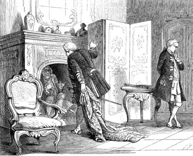 King Frederick William brings flute teacher Quantz out of the fireplace, Crown Prince Frederick