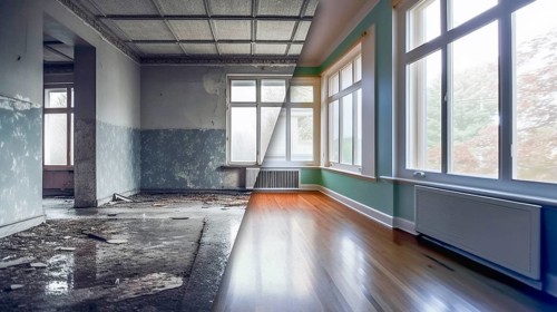 Large industrial office building before and after cleanup and construction, generative AI, AI