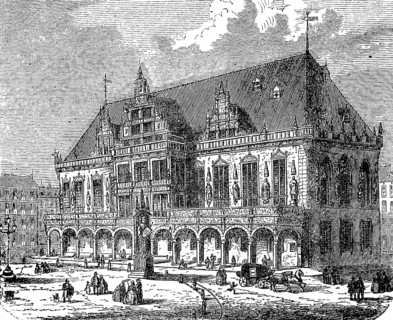 The town hall in Bremen with the Roland, Germany, in 1888, Historical, digital reproduction of an