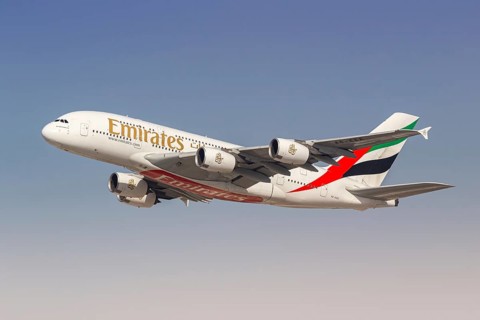 An Emirates Airbus A380-800 aircraft with the registration number A6-EEE at the airport in Dubai,