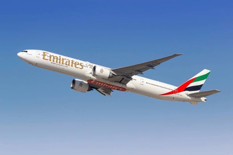 An Emirates Boeing 777-300ER aircraft with registration number A6-EGQ at the airport in Dubai,