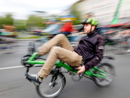 A recumbent cyclist at the bike parade demo, Berlin, 07 05 2023