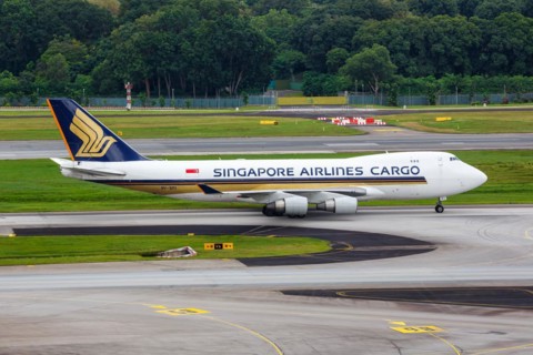 A Boeing 747-400F (SCD) aircraft of Singapore Airlines Cargo with the registration 9V-SFI at Changi