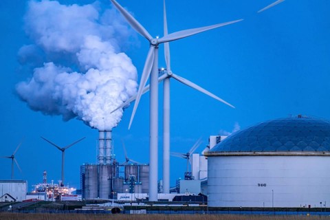 Vopak tank terminal in the industrial harbour of Eemshaven, RWE coal-fired power plant