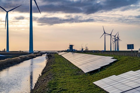 Solar park on the Slaperdijk dyke near the Eemshaven, test project, 17, 000 solar modules were