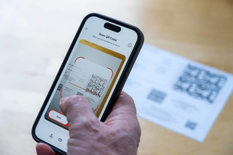 Symbolic image of an e-prescription, prescription issued by a doctor, with QR code, is scanned