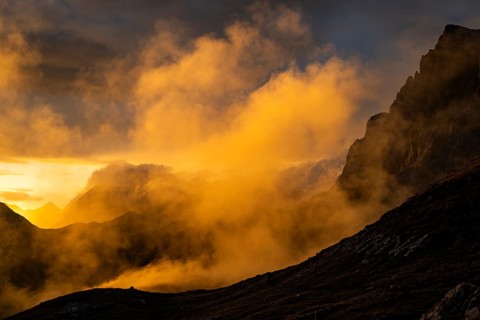 Montafon mountains with dramatic cloudy sky at sunset, Tschagguns, Rätikon, Montafon, Vorarlberg,