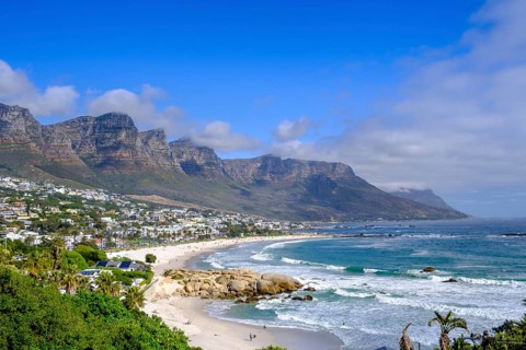 Camps Bay Beach, near Cape Town, behind the Twelve Apostles mountain range, South Africa, Africa