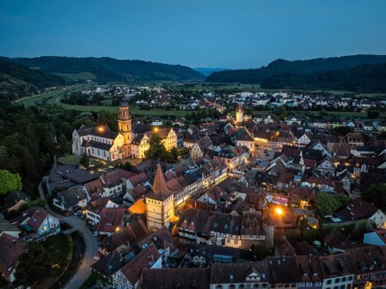 The old town of Gengenbach at the blue hour, with the Haigeracher Tor, former Benedictine abbey,