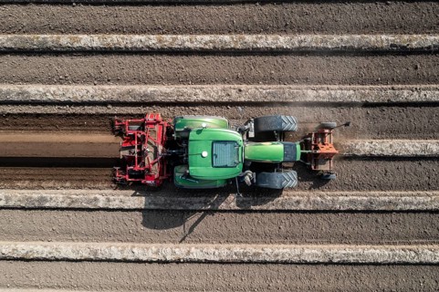 A farmer builds asparagus ridges on a field with the help of an asparagus tiller, in which the