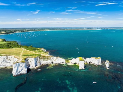White Cliffs of Old Harry Rocks Jurassic Coast from a drone, Dorset Coast, Poole, England, United