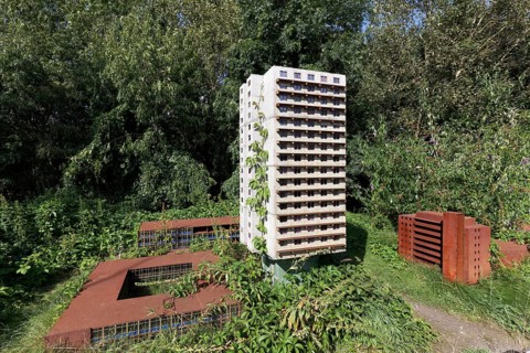 Already demolished residential tower in miniature format, art installation Neustadt by Marta