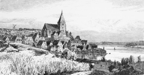 Town view of the small town of Mölln, St Nicolai Church, windmill, moraine landscape, fields, Mölln