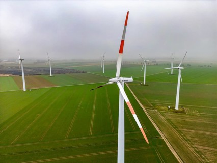 Wind farm, wind turbines near Erkelenz, Rhenish lignite mining area, in the fog, calm, no wind,