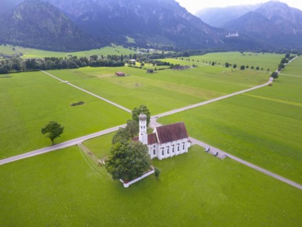 Aerial view of the baroque St. Coloman church near Schwangau in Bavaria, 27.07.2016