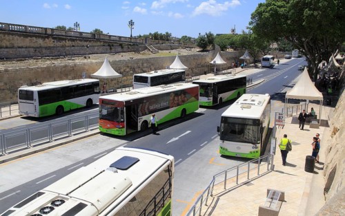 Buses at city centre bus station city of Valletta, Malta, Europe