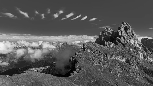 The peaks Sas Rigais and Furchetta of the Geisler group, drone image, black and white image, Val