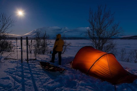 Tent in mountain landscape, Sarek National Park, World Heritage Laponia, Norrbotten, Lapland,