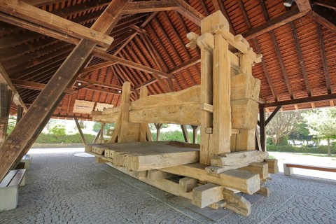 Old wine press built in 1747, historical wine press, wine press, wooden construction, beams,