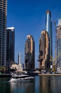 Yacht, Mosque, Skyline, Dubai Marina, Dubai, United Arab Emirates, VAR, Asia