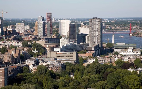 Views looking over the city centre from the 185 metre tall Euromast tower, Rotterdam, Netherlands