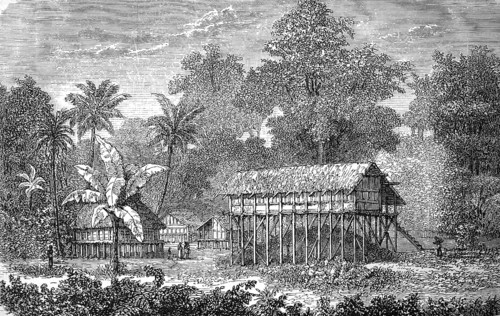 Native dwelling in Tahiti in 1880, Historical, digital reproduction of an original from the 19th