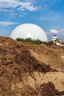 Biogas plant, gas storage, with dome, use of solid manure as energy source, storage area, on a farm