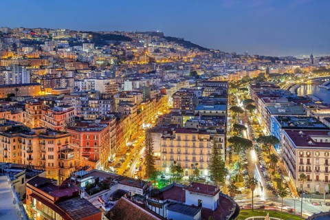Western district of Mergellina by the sea with the Vomero at dusk, Naples, Gulf of Naples,