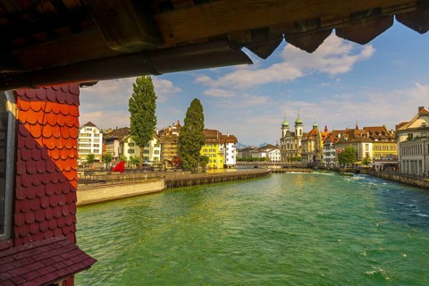 Spreuer Bridge and Reuss River in City of Lucerne, Switzerland, Europe