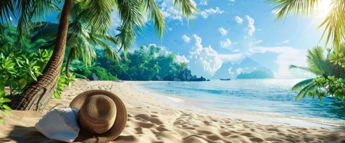 Beach scene with a straw hat, beach bag. Summer vacation, palm trees and ocean in the background,