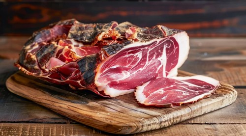 Cured and smoked ham. Hamon iberico and prosciutto on a cutting board, AI generated