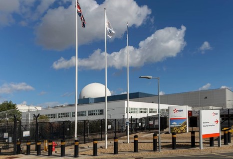 White dome PWR Pressurised Water Reactor EDF sign, nuclear power station, Sizewell B, Suffolk,