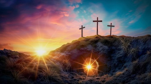 Easter concept three crosses on Golgotha Calvary hill against a dramatic sunset with open tomb of