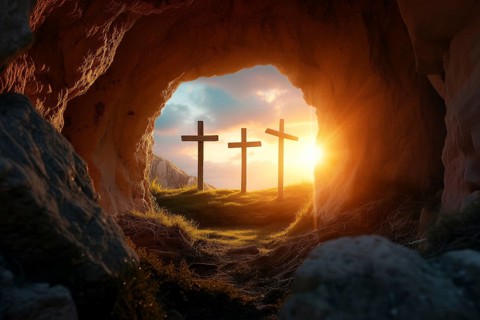 Easter concept, three crosses on Golgotha Calvary hill against a dramatic sunset seen from open
