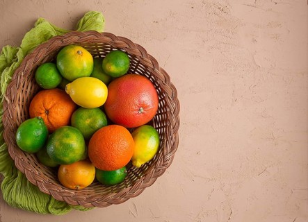 Assortment, citrus fruits, in a basket, close-up, top view, no people
