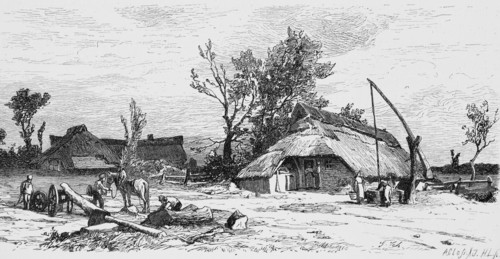 Village in the Oldenburg region, Lower Saxony, water well, thatched roof, farmhouses, wood, tree